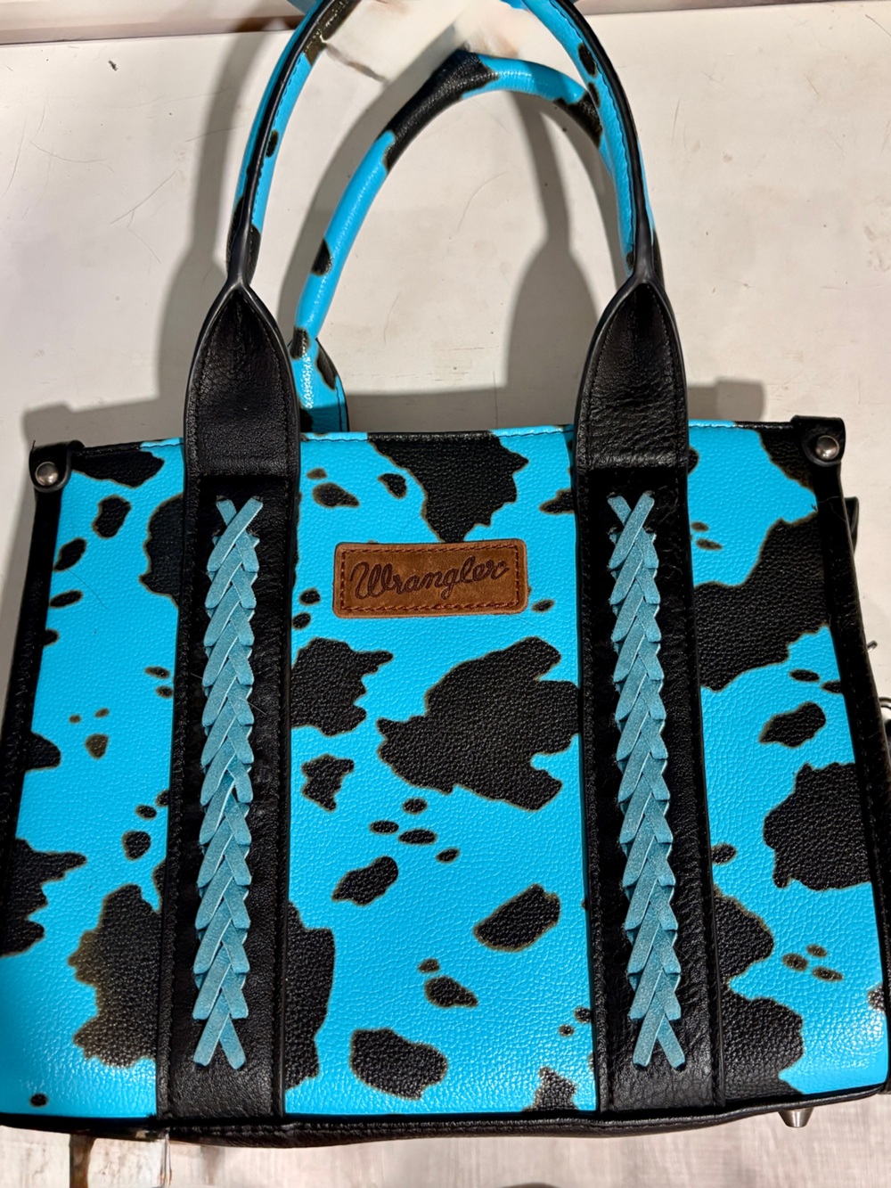 Wrangler Turquoise and Black Cowhide-Pattern Tote with Braided Trim